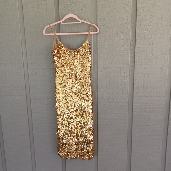 Karen Millen Gold Sequin Crochet Midi Dress Size 3 Women Wedding Guest Cocktail - Picture 1 of 14